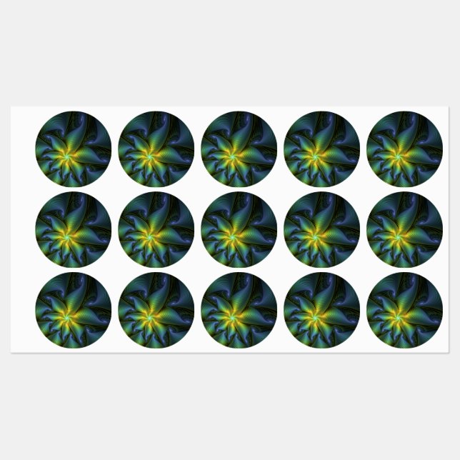 Abstract Star, Shiny Blue Green Golden Fractal Art Labels (Sheet)