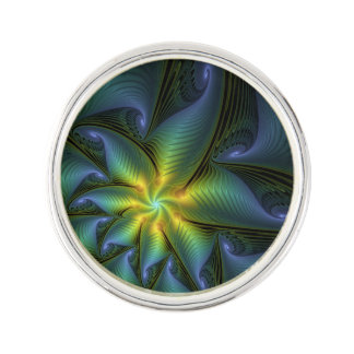 Abstract Star, Shiny Blue Green Golden Fractal Art Lapel Pin
