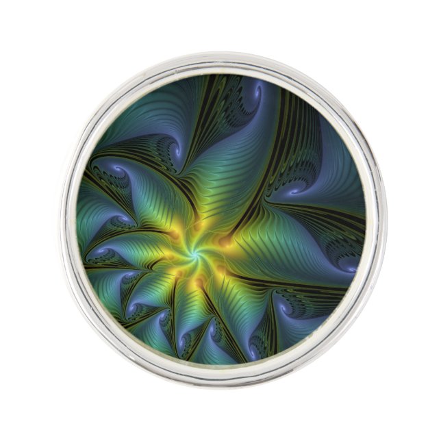 Abstract Star, Shiny Blue Green Golden Fractal Art Lapel Pin (Front)