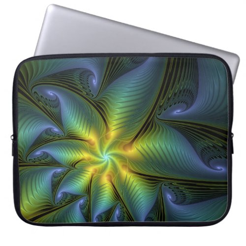 Abstract Star Shiny Blue Green Golden Fractal Art Laptop Sleeve