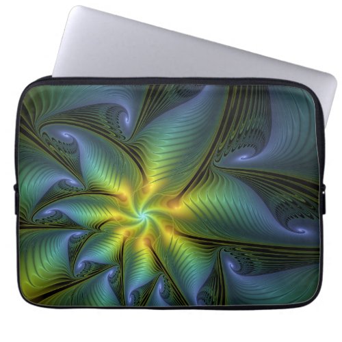 Abstract Star Shiny Blue Green Golden Fractal Art Laptop Sleeve