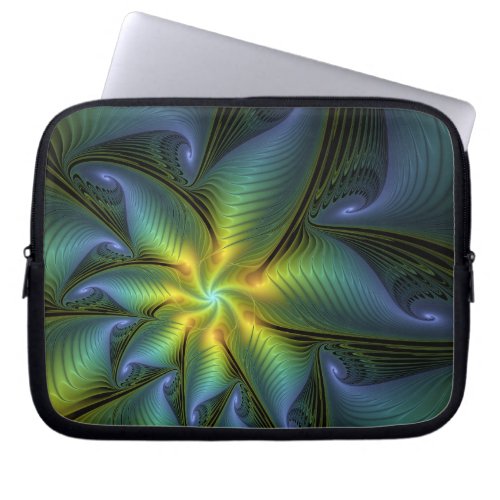 Abstract Star Shiny Blue Green Golden Fractal Art Laptop Sleeve