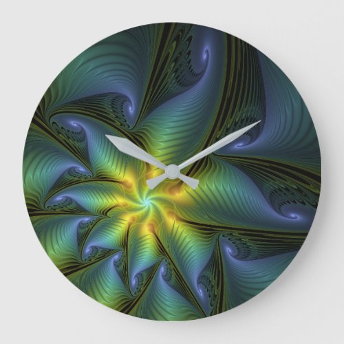 Abstract Star Shiny Blue Green Golden Fractal Art Large Clock