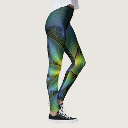 Abstract Star Shiny Blue Green Golden Fractal Art Leggings