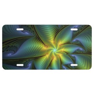 Abstract Star, Shiny Blue Green Golden Fractal Art License Plate