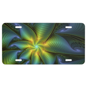 Abstract Star, Shiny Blue Green Golden Fractal Art License Plate