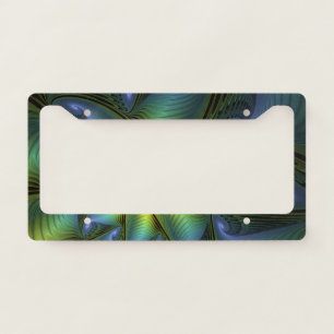 Abstract Star, Shiny Blue Green Golden Fractal Art License Plate Frame