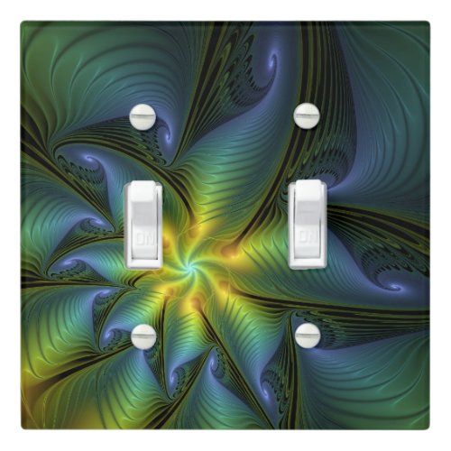 Abstract Star Shiny Blue Green Golden Fractal Art Light Switch Cover