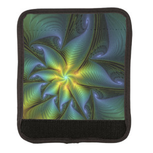 Abstract Star, Shiny Blue Green Golden Fractal Art Luggage Handle Wrap