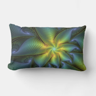 Abstract Star, Shiny Blue Green Golden Fractal Art Lumbar Pillow