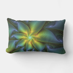 Abstract Star, Shiny Blue Green Golden Fractal Art Lumbar Pillow