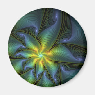 Abstract Star, Shiny Blue Green Golden Fractal Art Magnet