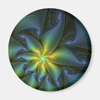 Abstract Star, Shiny Blue Green Golden Fractal Art Magnet