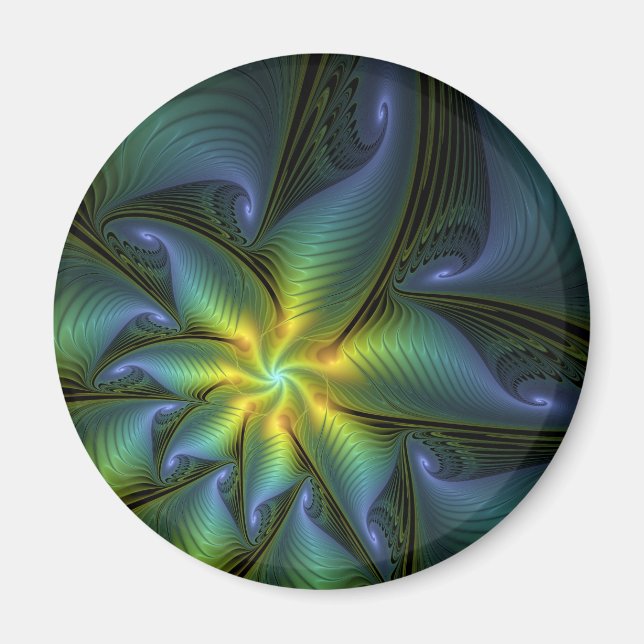 Abstract Star, Shiny Blue Green Golden Fractal Art Magnet (Front)