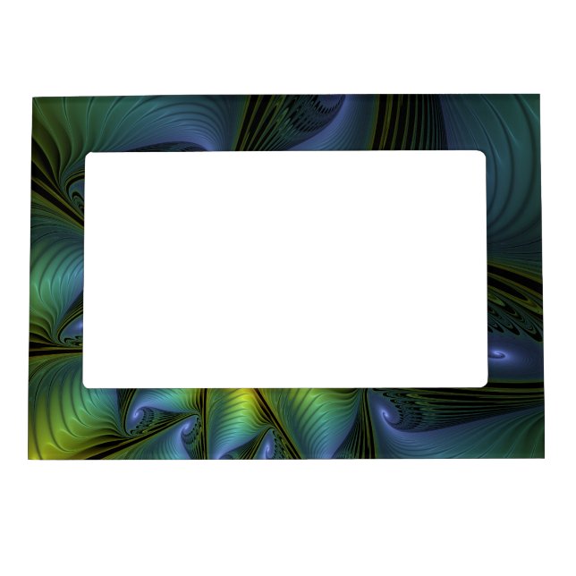 Abstract Star, Shiny Blue Green Golden Fractal Art Magnetic Frame (Front)