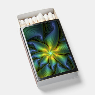 Abstract Star, Shiny Blue Green Golden Fractal Art Matchboxes