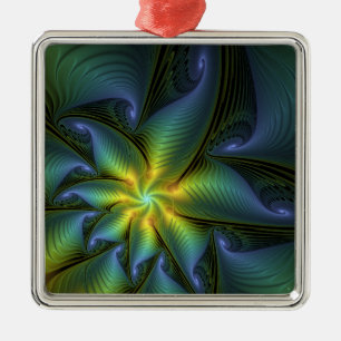 Abstract Star, Shiny Blue Green Golden Fractal Art Metal Ornament