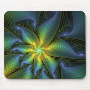 Abstract Star, Shiny Blue Green Golden Fractal Art Mouse Pad