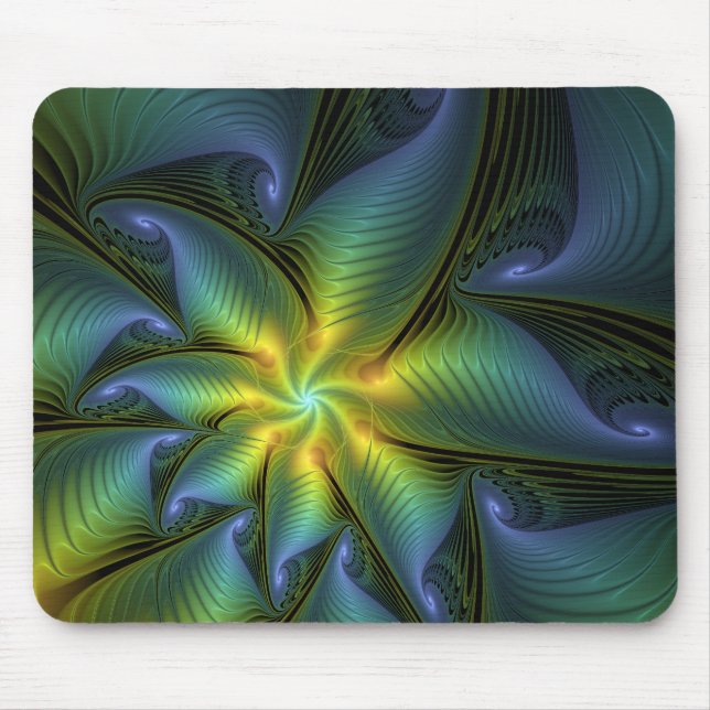 Abstract Star, Shiny Blue Green Golden Fractal Art Mouse Pad (Front)