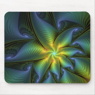 Abstract Star, Shiny Blue Green Golden Fractal Art Mouse Pad