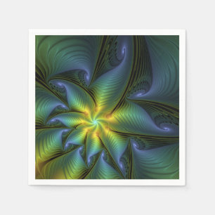 Abstract Star, Shiny Blue Green Golden Fractal Art Napkins