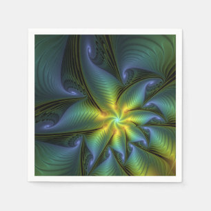 Abstract Star, Shiny Blue Green Golden Fractal Art Napkins