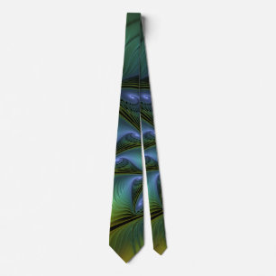 Abstract Star, Shiny Blue Green Golden Fractal Art Neck Tie