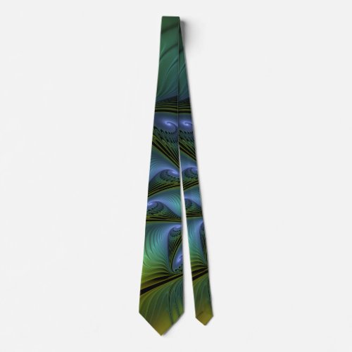 Abstract Star Shiny Blue Green Golden Fractal Art Neck Tie