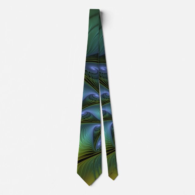 Abstract Star, Shiny Blue Green Golden Fractal Art Neck Tie (Front)
