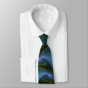Abstract Star, Shiny Blue Green Golden Fractal Art Neck Tie
