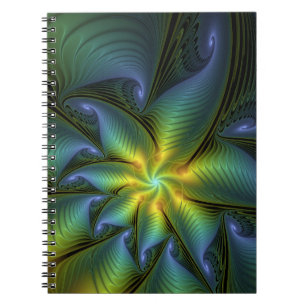 Abstract Star, Shiny Blue Green Golden Fractal Art Notebook