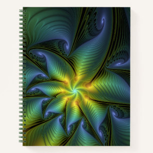 Abstract Star, Shiny Blue Green Golden Fractal Art Notebook