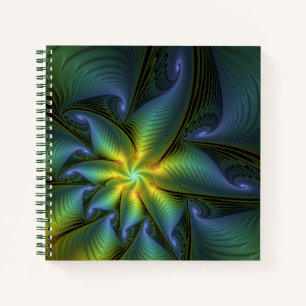 Abstract Star, Shiny Blue Green Golden Fractal Art Notebook