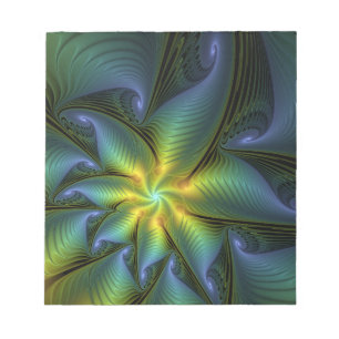 Abstract Star, Shiny Blue Green Golden Fractal Art Notepad