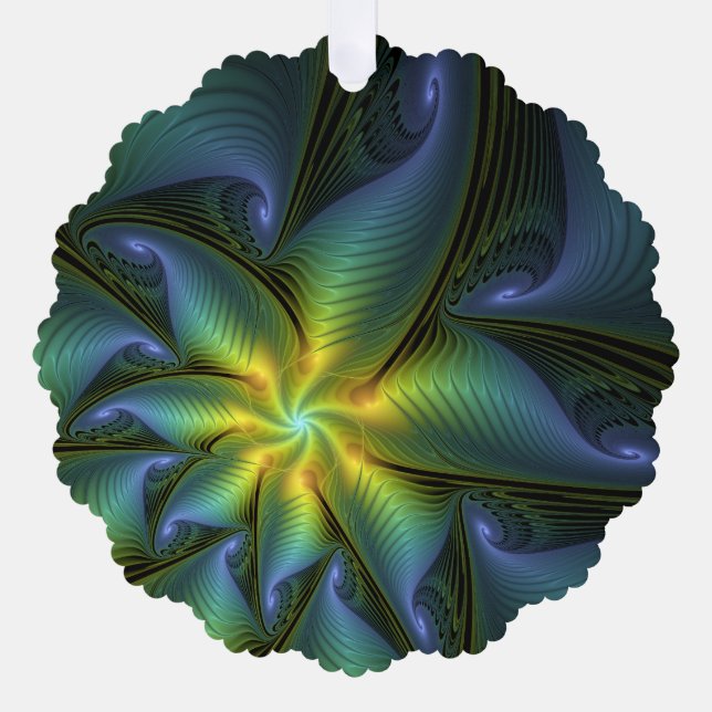 Abstract Star, Shiny Blue Green Golden Fractal Art Ornament Card (Front)