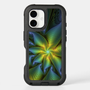 Abstract Star, Shiny Blue Green Golden Fractal Art iPhone 16 Case