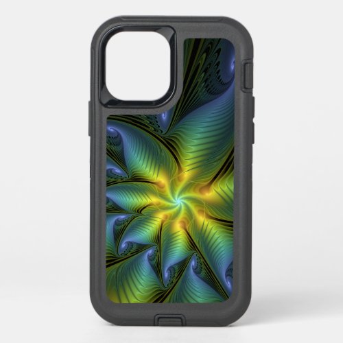Abstract Star Shiny Blue Green Golden Fractal Art OtterBox Defender iPhone 12 Pro Case