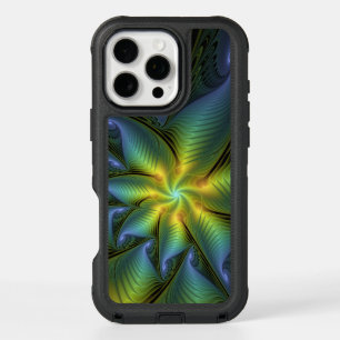 Abstract Star, Shiny Blue Green Golden Fractal Art iPhone 16 Pro Max Case