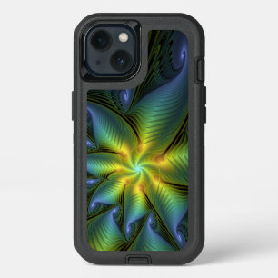 Abstract Star, Shiny Blue Green Golden Fractal Art iPhone 13 Case