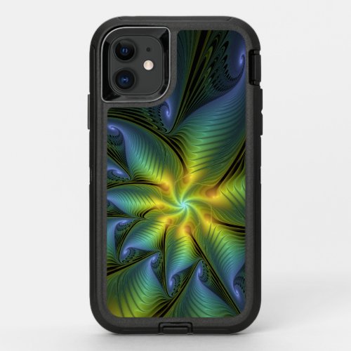 Abstract Star Shiny Blue Green Golden Fractal Art OtterBox Defender iPhone 11 Case