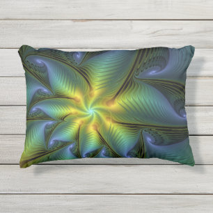 Abstract Star, Shiny Blue Green Golden Fractal Art Outdoor Pillow