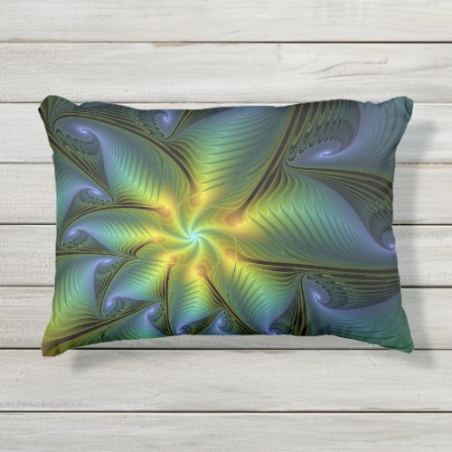 Abstract Star Shiny Blue Green Golden Fractal Art Outdoor Pillow