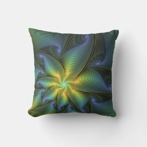 Abstract Star Shiny Blue Green Golden Fractal Art Outdoor Pillow