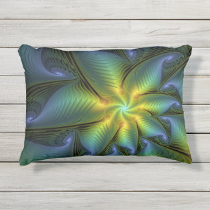 Abstract Star, Shiny Blue Green Golden Fractal Art Outdoor Pillow