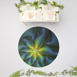 Abstract Star, Shiny Blue Green Golden Fractal Art Outdoor Rug