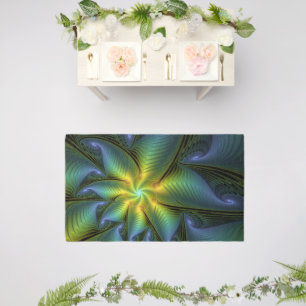 Abstract Star, Shiny Blue Green Golden Fractal Art Outdoor Rug