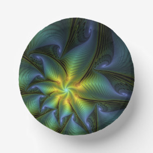 Abstract Star, Shiny Blue Green Golden Fractal Art Paper Bowls