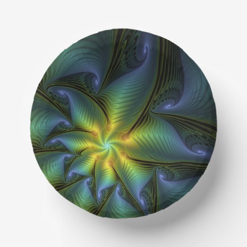 Abstract Star Shiny Blue Green Golden Fractal Art Paper Bowls