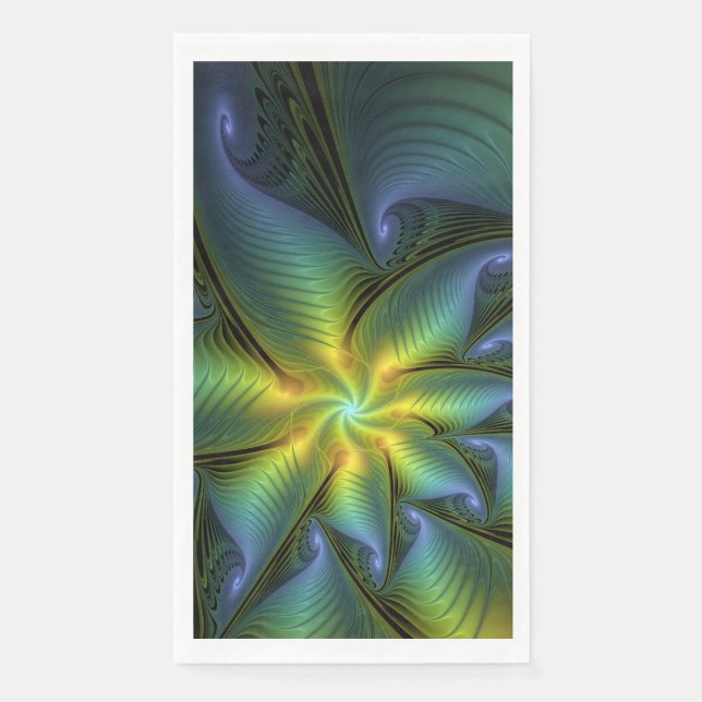 Abstract Star, Shiny Blue Green Golden Fractal Art Paper Guest Towels (Front)