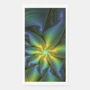 Abstract Star, Shiny Blue Green Golden Fractal Art Paper Guest Towels
